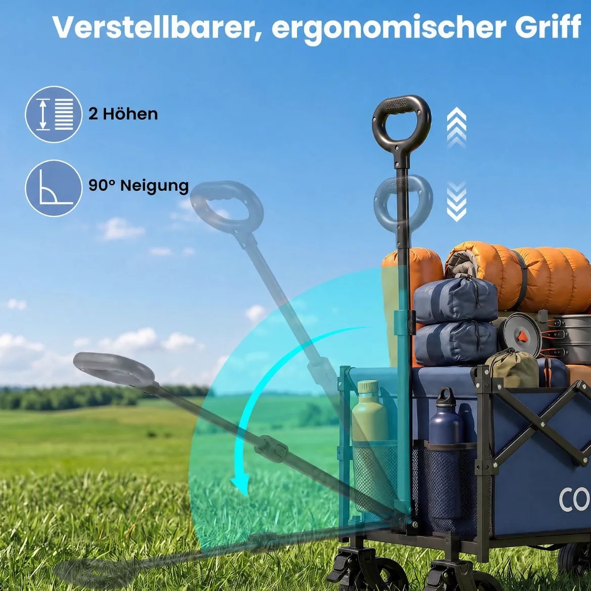 92 L Faltbarer Vielseitiger Bollerwagen mit Verstellbarem Griff Bremse 150 kg Tragkraft Blau
