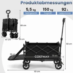 92 L Faltbarer Vielseitiger Bollerwagen mit Verstellbarem Griff Bremse 150 kg Tragkraft Schwarz