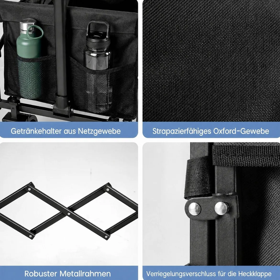92 L Faltbarer Vielseitiger Bollerwagen mit Verstellbarem Griff Bremse 150 kg Tragkraft Schwarz