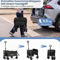 92 L Faltbarer Vielseitiger Bollerwagen mit Verstellbarem Griff Bremse 150 kg Tragkraft Schwarz