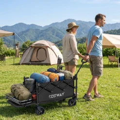 92 L Faltbarer Vielseitiger Bollerwagen mit Verstellbarem Griff Bremse 150 kg Tragkraft Schwarz