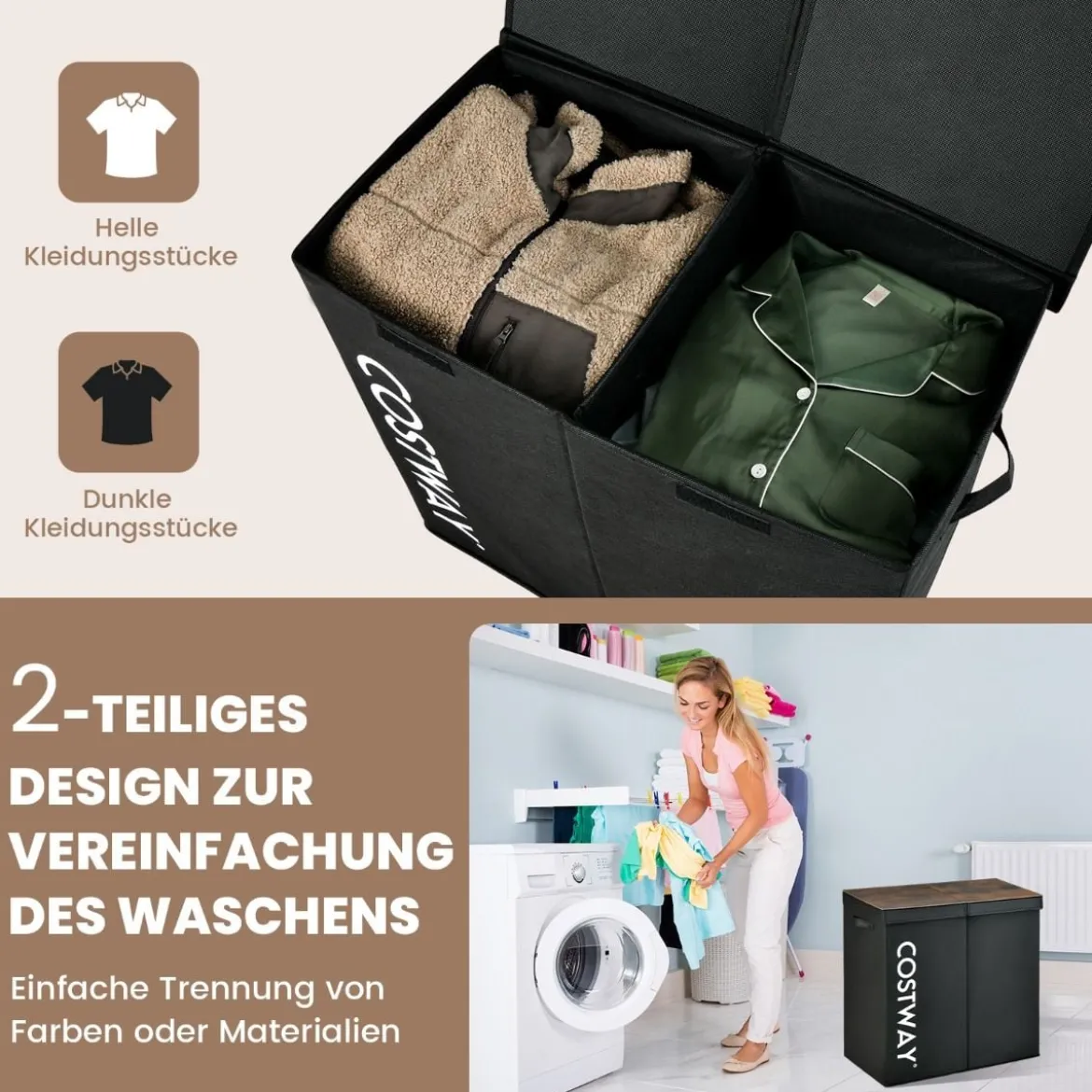115L 2 Fächer Wäschekorb aus Vliesstoff mit Deckel & Griffen 62 x 31 x 60 cm Schwarz