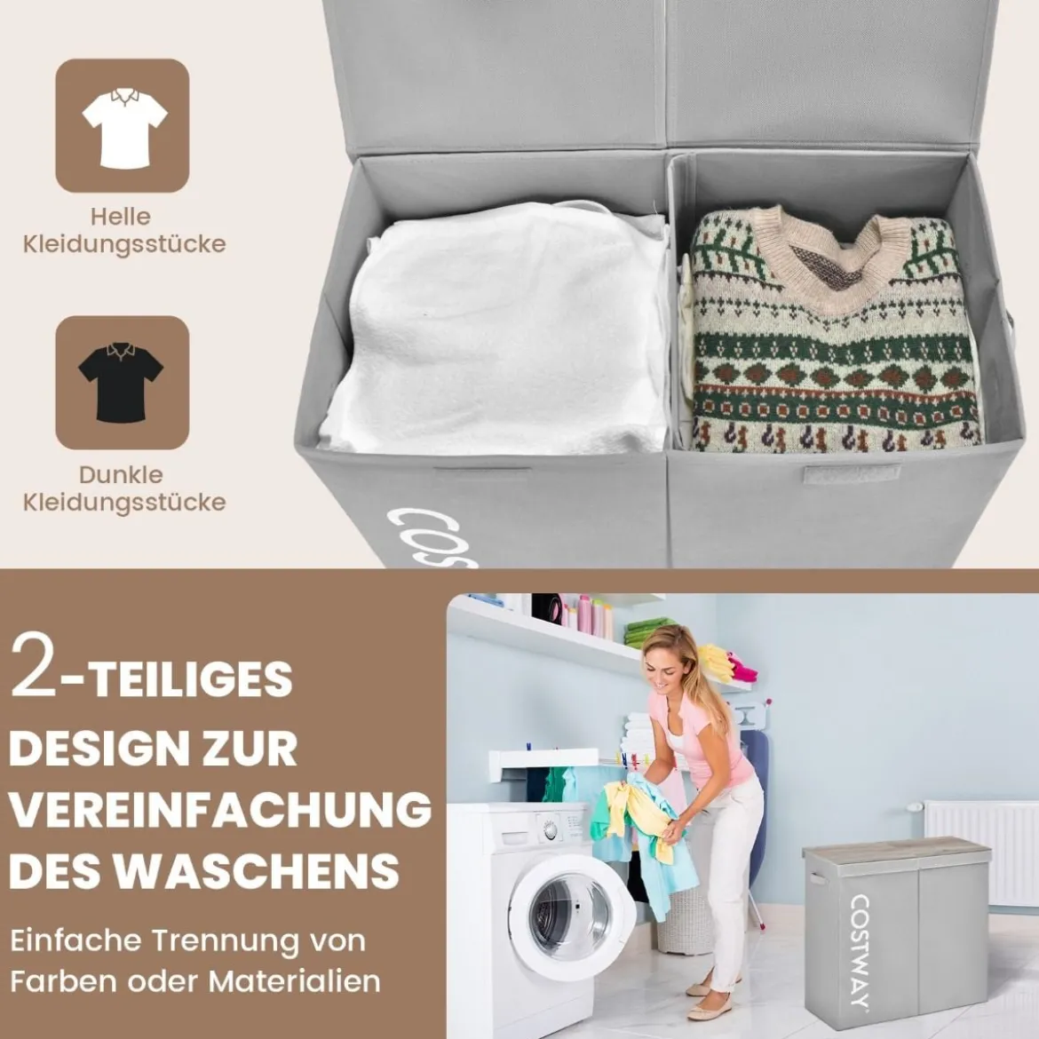115L 2 Fächer Wäschekorb aus Vliesstoff mit Deckel & Griffen 62 x 31 x 60 cm Grau