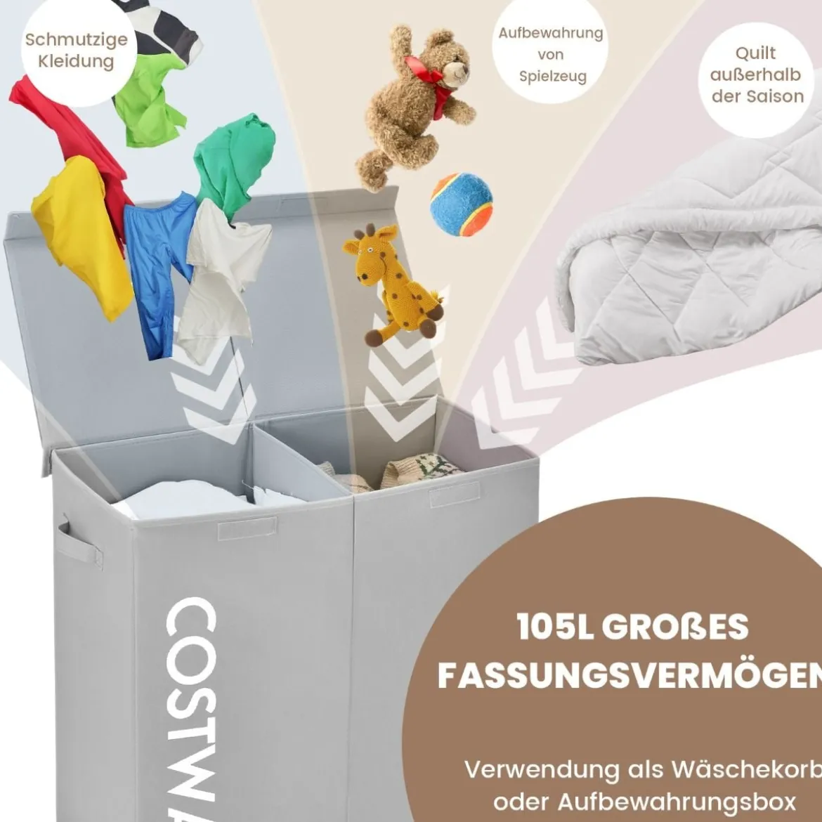 115L 2 Fächer Wäschekorb aus Vliesstoff mit Deckel & Griffen 62 x 31 x 60 cm Grau