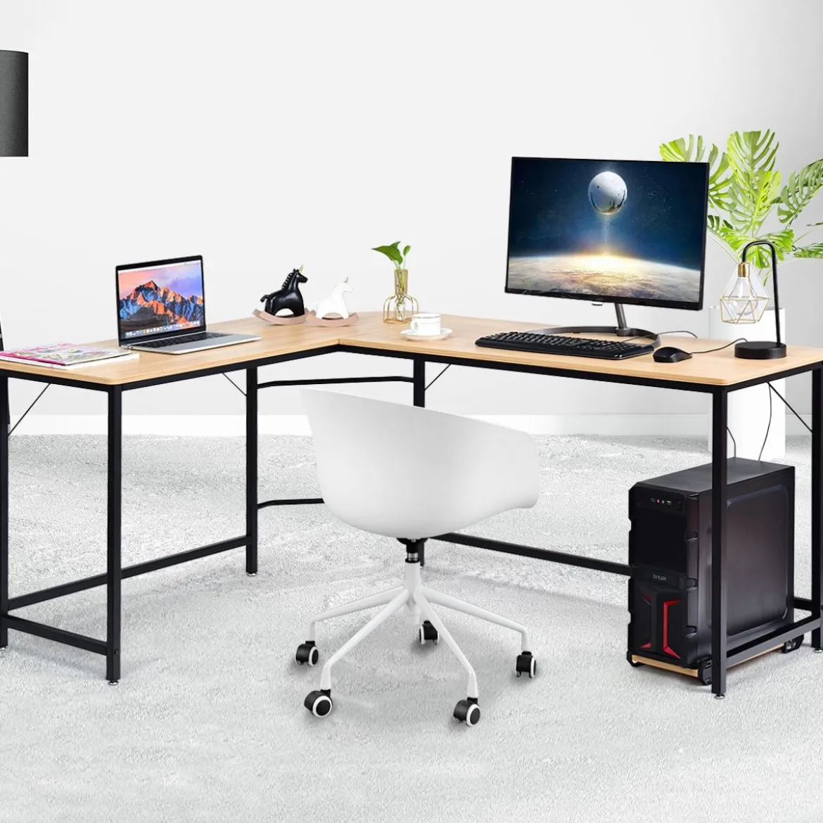 L-Form Computertisch PC Eckschreibtisch Winkelschreibtisch Schwarz/Natur/Kaffee 168 x 125 x 74 cm