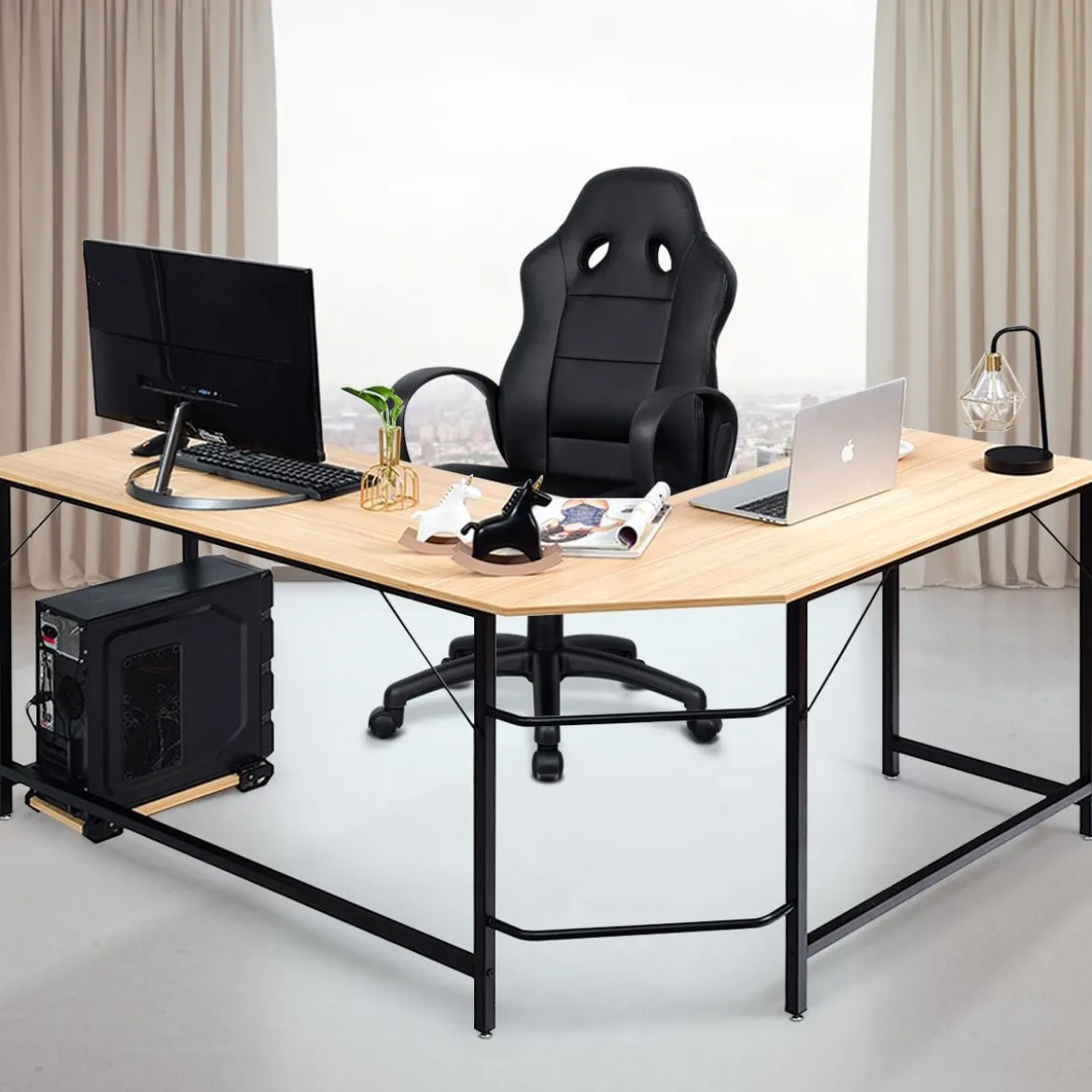L-Form Computertisch PC Eckschreibtisch Winkelschreibtisch Schwarz/Natur/Kaffee 168 x 125 x 74 cm