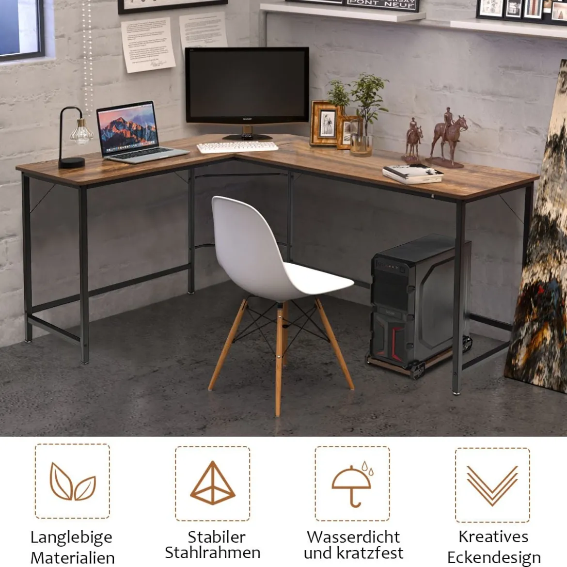 L-Form Computertisch PC Eckschreibtisch Winkelschreibtisch Schwarz/Natur/Kaffee 168 x 125 x 74 cm