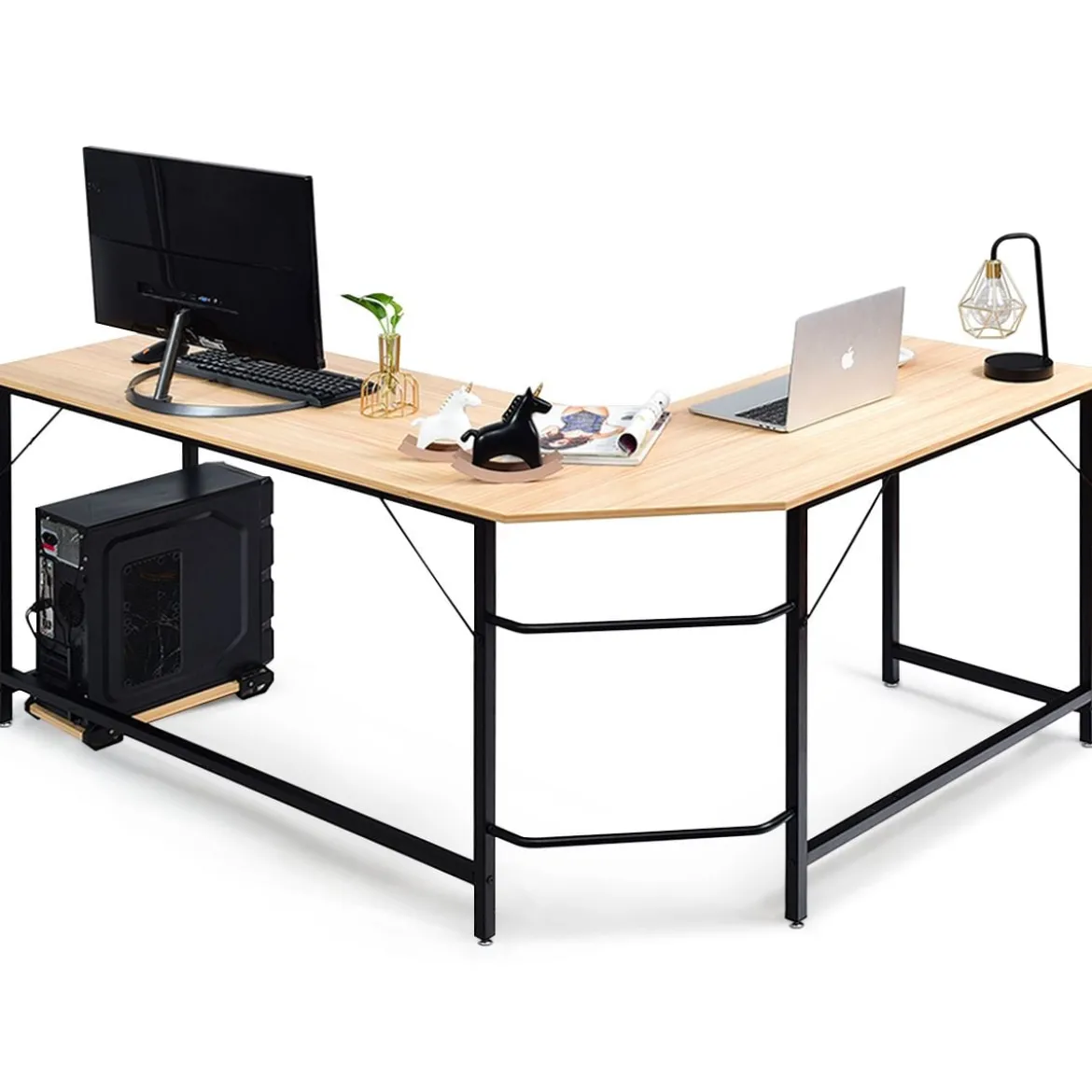 L-Form Computertisch PC Eckschreibtisch Winkelschreibtisch Schwarz/Natur/Kaffee 168 x 125 x 74 cm