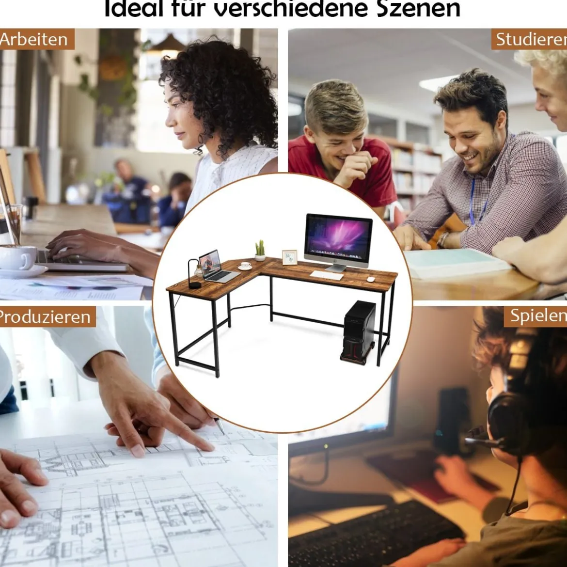 L-Form Computertisch PC Eckschreibtisch Winkelschreibtisch Schwarz/Natur/Kaffee 168 x 125 x 74 cm