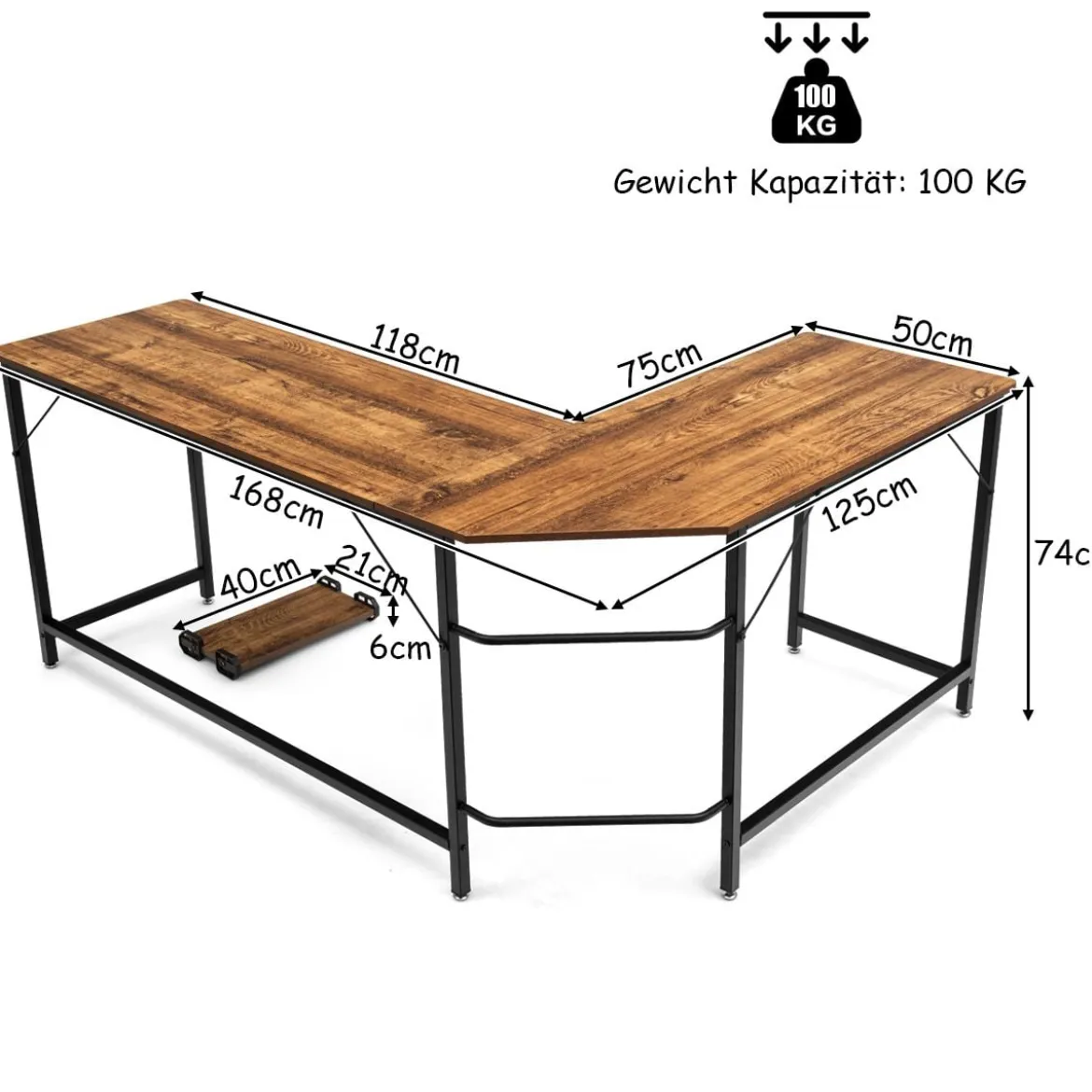 L-Form Computertisch PC Eckschreibtisch Winkelschreibtisch Schwarz/Natur/Kaffee 168 x 125 x 74 cm