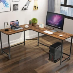 L-Form Computertisch PC Eckschreibtisch Winkelschreibtisch Schwarz/Natur/Kaffee 168 x 125 x 74 cm