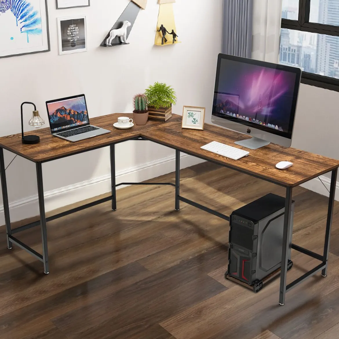 L-Form Computertisch PC Eckschreibtisch Winkelschreibtisch Schwarz/Natur/Kaffee 168 x 125 x 74 cm