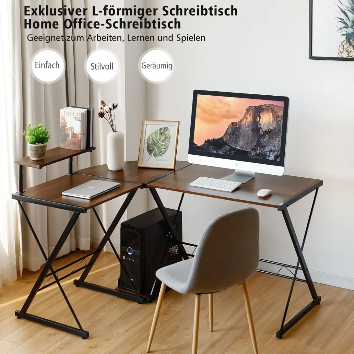 L-Form Computertisch Schreibtisch Bürotisch Ecktisch Winkelschreibtisch Walnuss