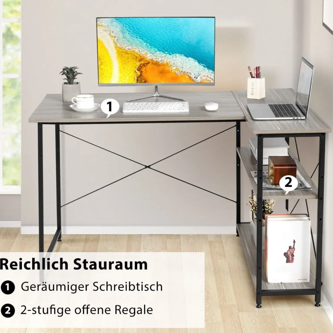 L-Form Schreibtisch Eck-Computertisch mit Ablagefächern Bürotisch 120 x 88 x 74,5 cm Grau