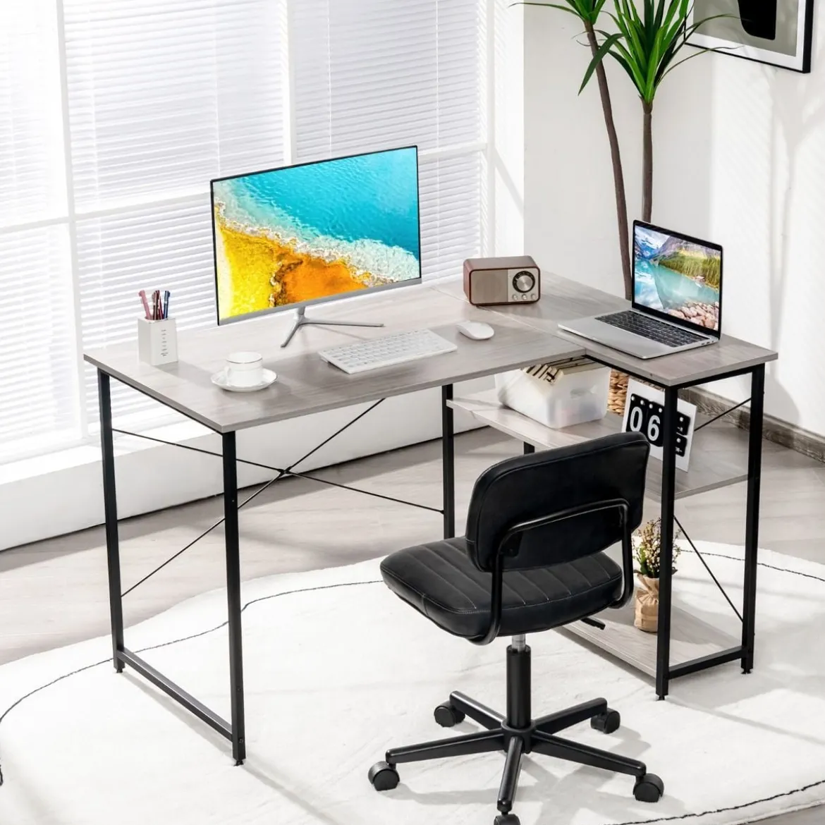 L-Form Schreibtisch Eck-Computertisch mit Ablagefächern Bürotisch 120 x 88 x 74,5 cm Grau