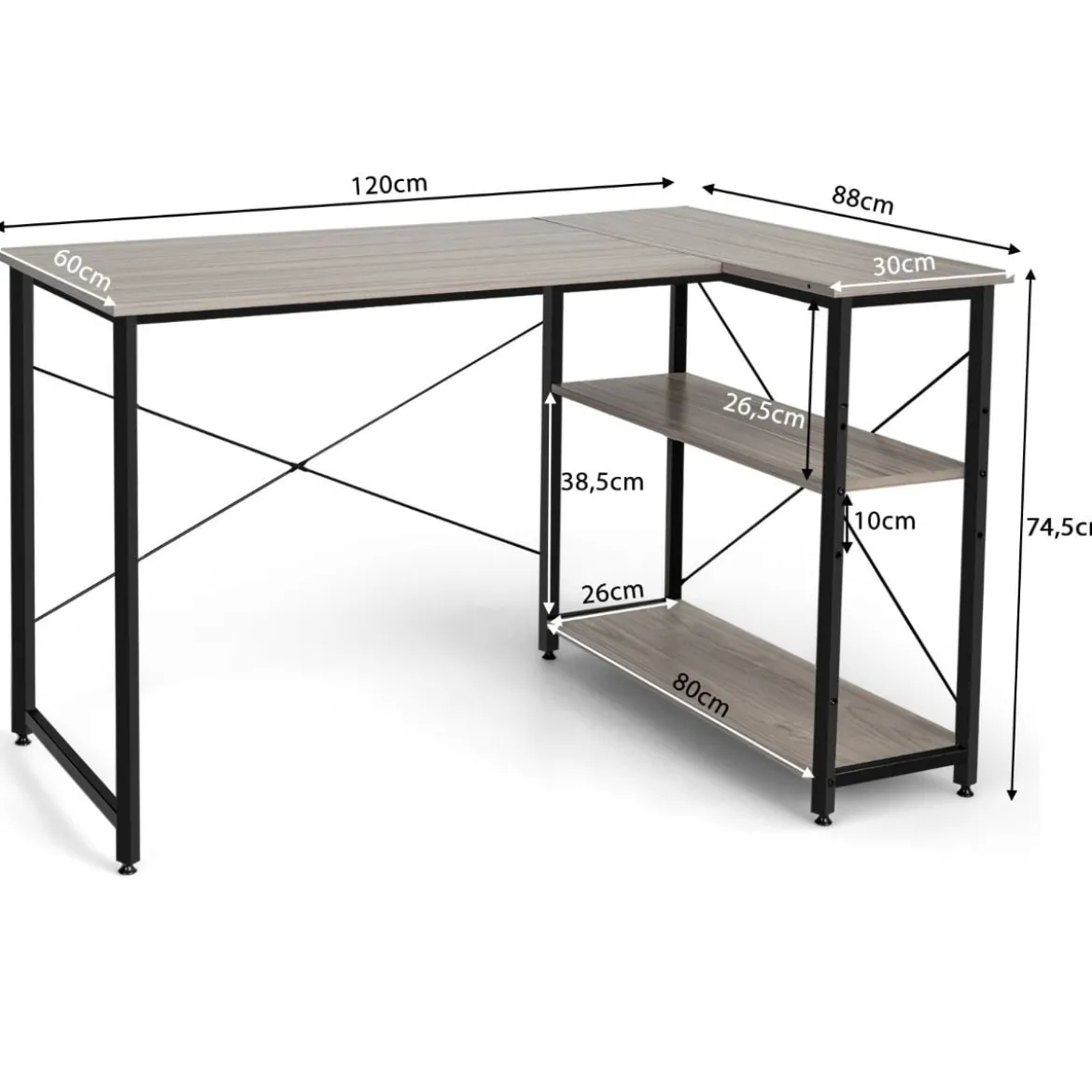 L-Form Schreibtisch Eck-Computertisch mit Ablagefächern Bürotisch 120 x 88 x 74,5 cm Grau
