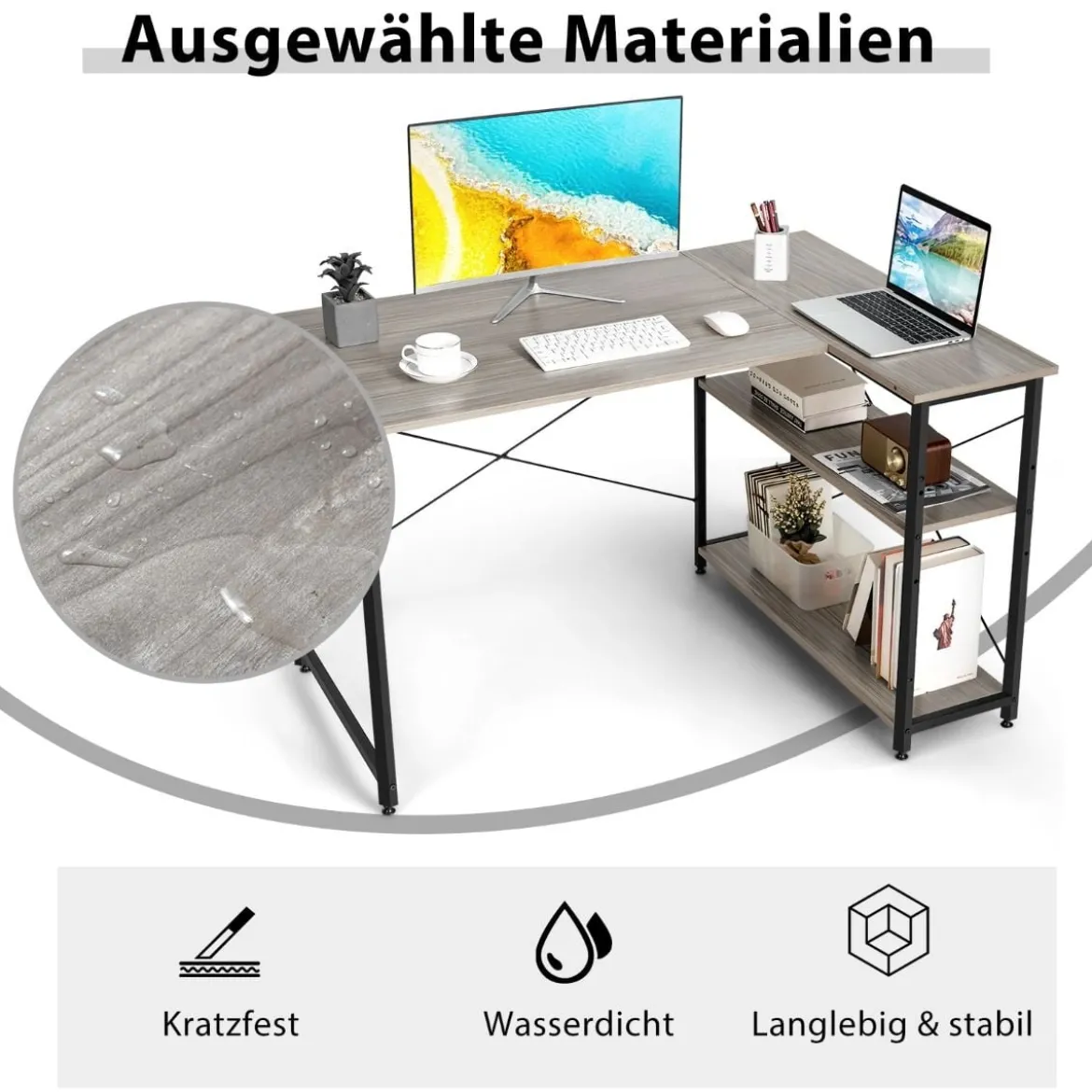 L-Form Schreibtisch Eck-Computertisch mit Ablagefächern Bürotisch 120 x 88 x 74,5 cm Grau