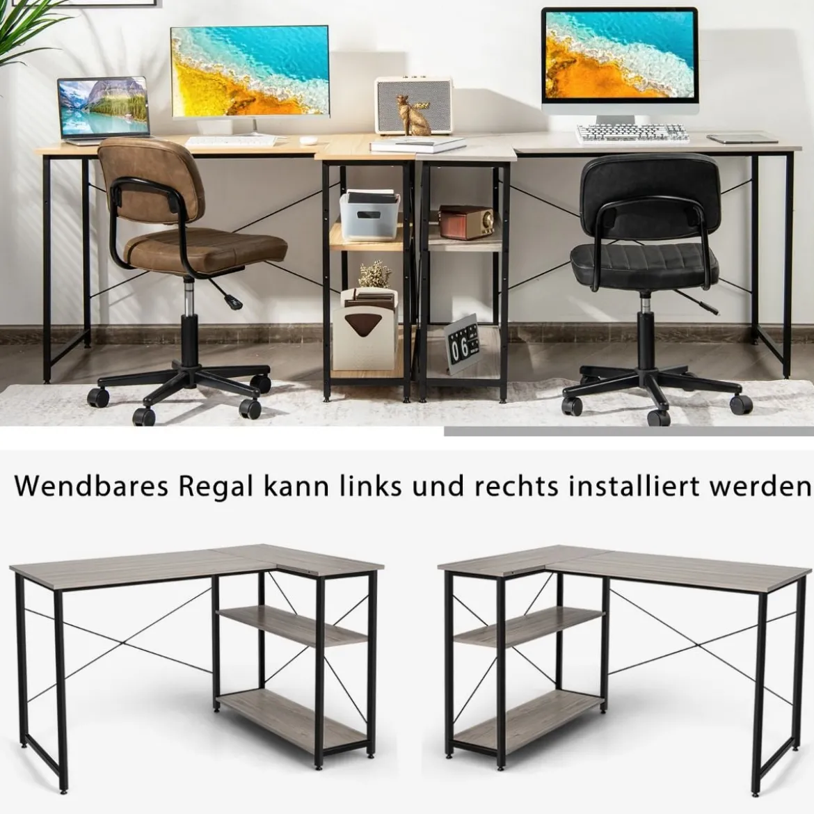 L-Form Schreibtisch Eck-Computertisch mit Ablagefächern Bürotisch 120 x 88 x 74,5 cm Grau