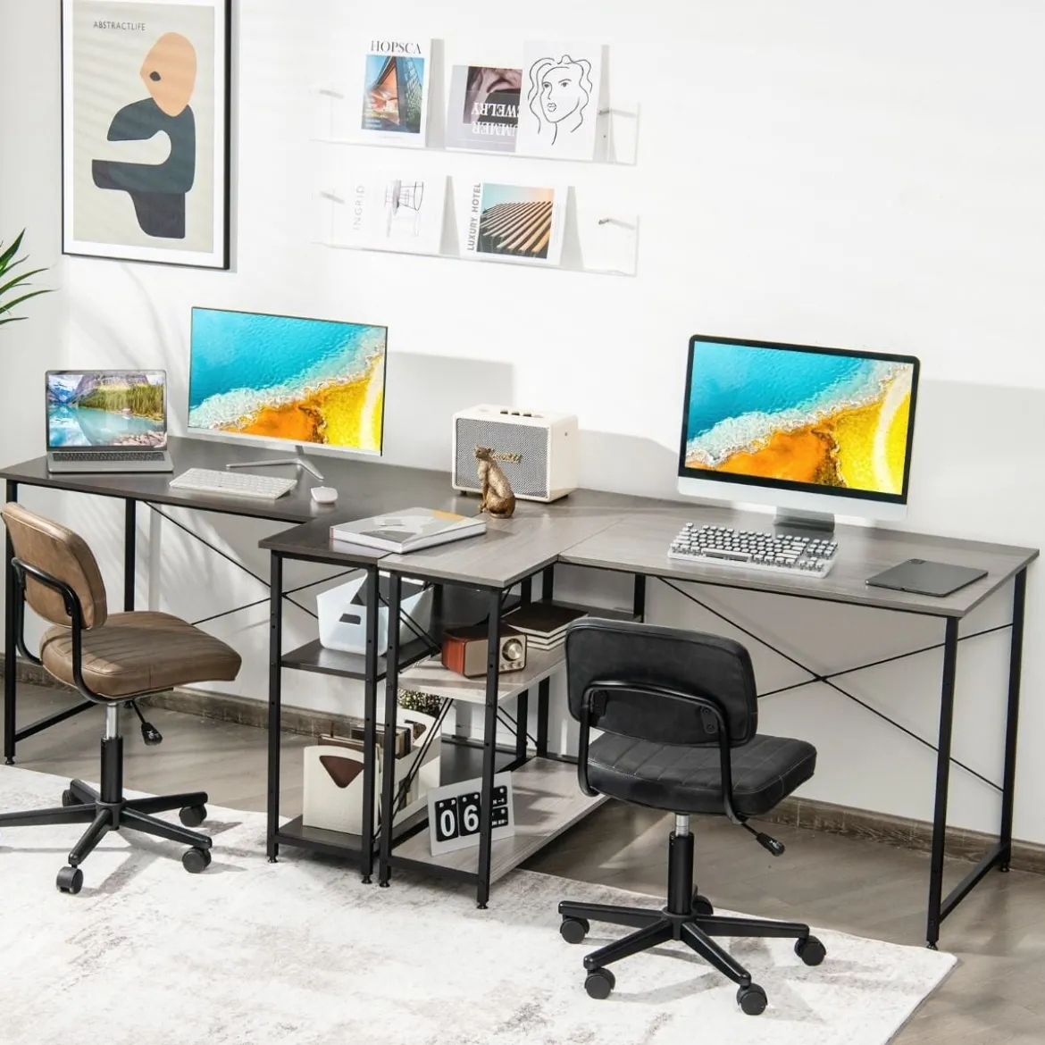 L-Form Schreibtisch Eck-Computertisch mit Ablagefächern Bürotisch 120 x 88 x 74,5 cm Grau