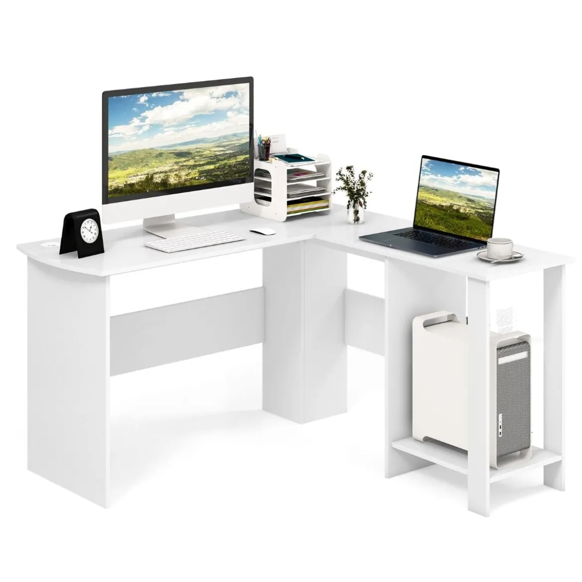 L-Form Schreibtisch mit 2 Kabellöchern & Ablagefächern Eckschreibtisch 130 x 130 x 74 cm Weiß