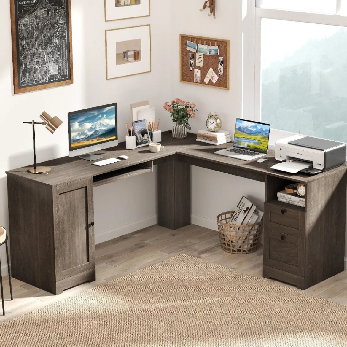 L-Form Schreibtisch mit Ladestation & Tastaturablage & 2 Schubladen Eckschreibtisch