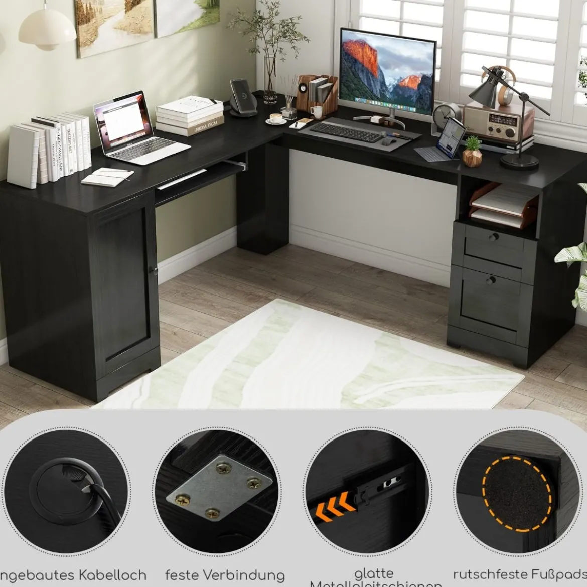 L-Form Schreibtisch mit Ladestation & Tastaturablage & 2 Schubladen Eckschreibtisch