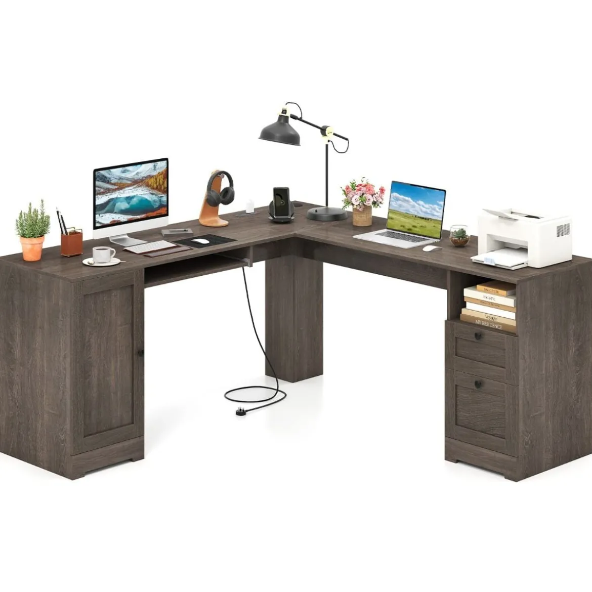 L-Form Schreibtisch mit Ladestation & Tastaturablage & 2 Schubladen Eckschreibtisch