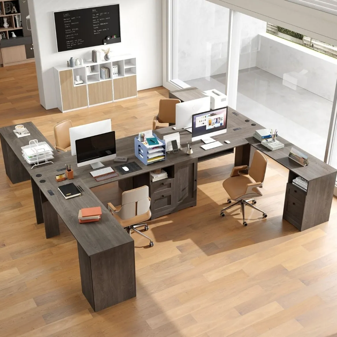 L-Form Schreibtisch mit Ladestation & Tastaturablage & 2 Schubladen Eckschreibtisch