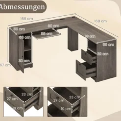 L-Form Schreibtisch mit Ladestation & Tastaturablage & 2 Schubladen Eckschreibtisch