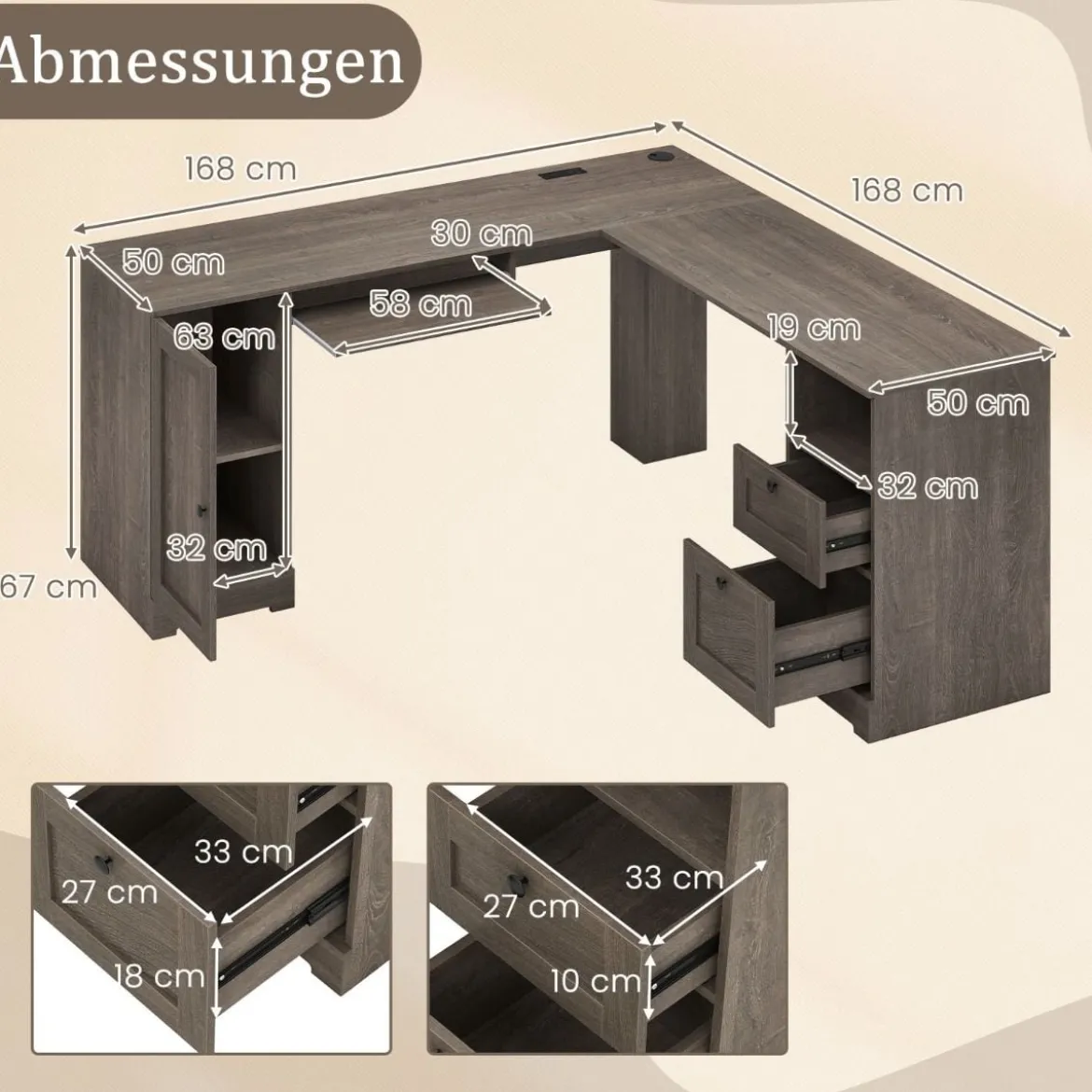 L-Form Schreibtisch mit Ladestation & Tastaturablage & 2 Schubladen Eckschreibtisch