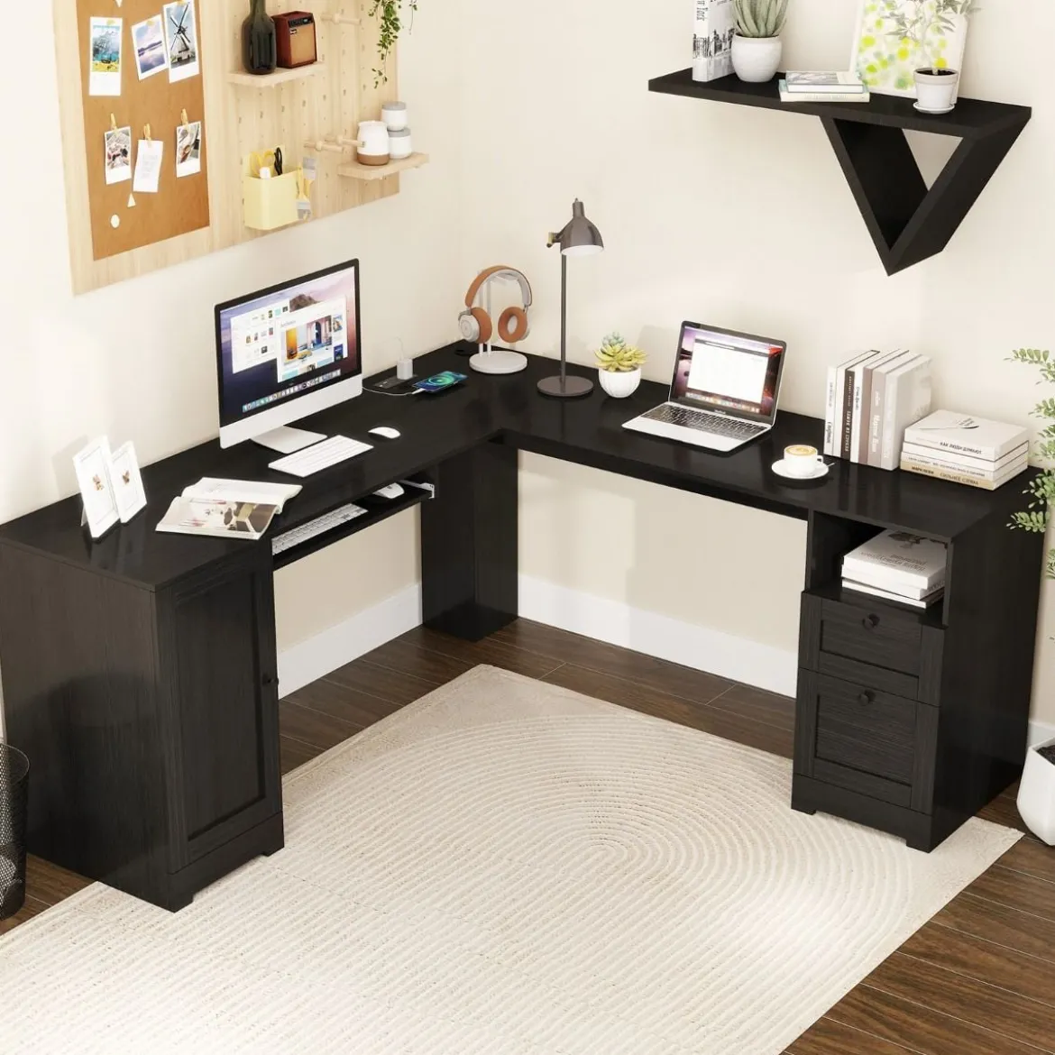 L-Form Schreibtisch mit Ladestation & Tastaturablage & 2 Schubladen Eckschreibtisch