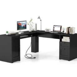 L-Form Schreibtisch mit Ladestation & Tastaturablage & 2 Schubladen Eckschreibtisch