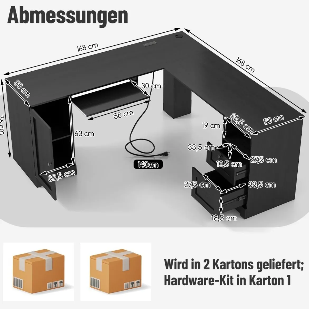 L-Form Schreibtisch mit Ladestation & Tastaturablage & 2 Schubladen Eckschreibtisch
