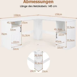L Form Schreibtisch mit 2 Schränke & Ladestation & 4 Offene Regale Eckschreibtisch Bürotisch Weiß