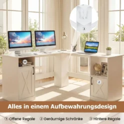 L Form Schreibtisch mit 2 Schränke & Ladestation & 4 Offene Regale Eckschreibtisch Bürotisch Weiß