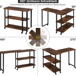 L-förmiger Beistelltisch mit Rollen & 2 Ablagen 360° drehbarer Sofatisch Rustikales Braun