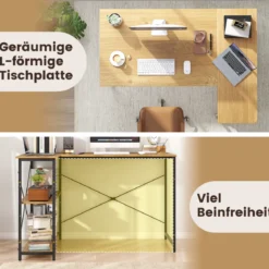 L-förmiger Computer Desk umkehrbarer Eckschreibtisch mit verstellbarem Regal platzsparender Schreib- und Studiertisch Natur