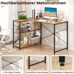 L-förmiger Computer Desk umkehrbarer Eckschreibtisch mit verstellbarem Regal platzsparender Schreib- und Studiertisch Natur