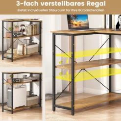 L-förmiger Computer Desk umkehrbarer Eckschreibtisch mit verstellbarem Regal platzsparender Schreib- und Studiertisch Natur
