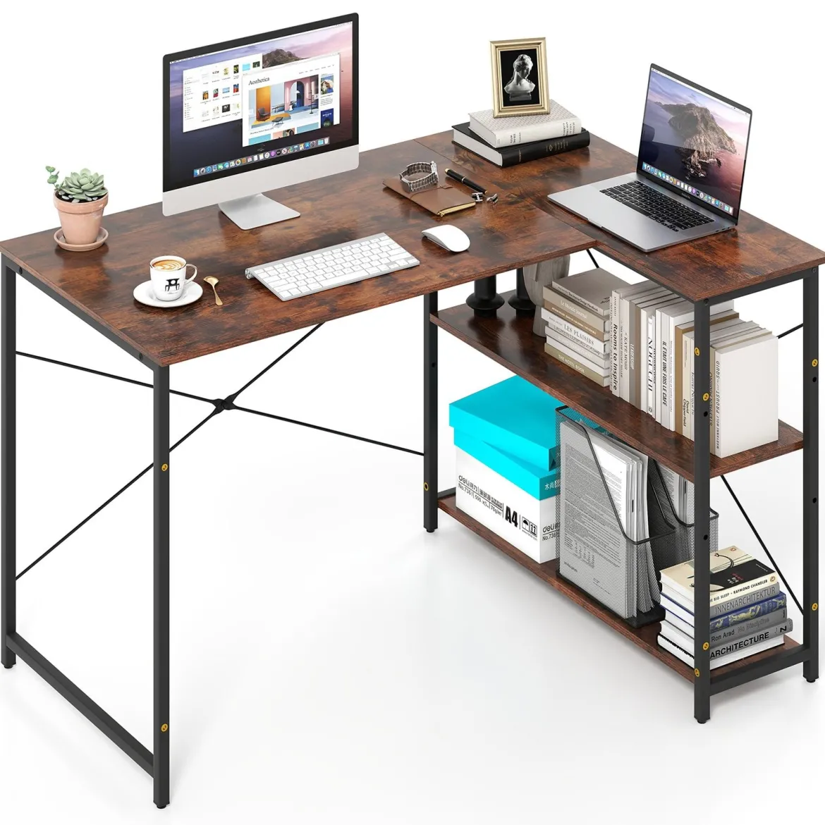 L-förmiger Computer Desk umkehrbarer Eckschreibtisch mit verstellbarem Regal Rustikal Braun