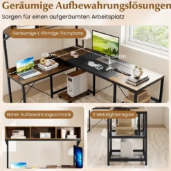 L-förmiger Computerschreibtisch mit Steckdosen & Mobiler CPU-Halterung Eckschreibtisch Braun