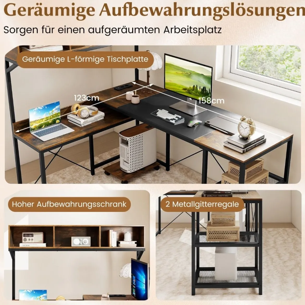 L-förmiger Computerschreibtisch mit Steckdosen & Mobiler CPU-Halterung Eckschreibtisch Braun