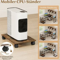 L-förmiger Computerschreibtisch mit Steckdosen & Mobiler CPU-Halterung Eckschreibtisch Braun
