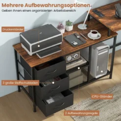 L-förmiger Computertisch mit Steckdose & 3 Stoffschubladen & Gitterablagen Eckschreibtisch Braun