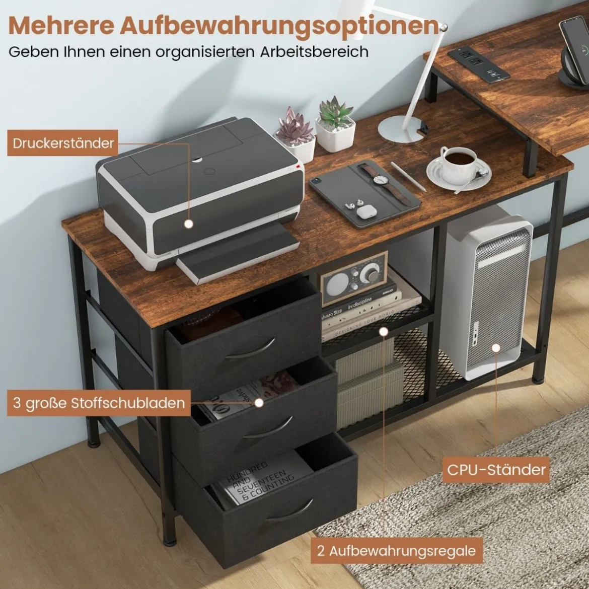 L-förmiger Computertisch mit Steckdose & 3 Stoffschubladen & Gitterablagen Eckschreibtisch Braun