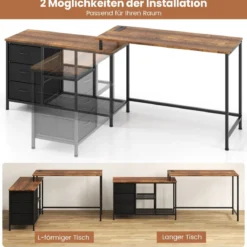 L-förmiger Computertisch mit Steckdose & 3 Stoffschubladen & Gitterablagen Eckschreibtisch Braun