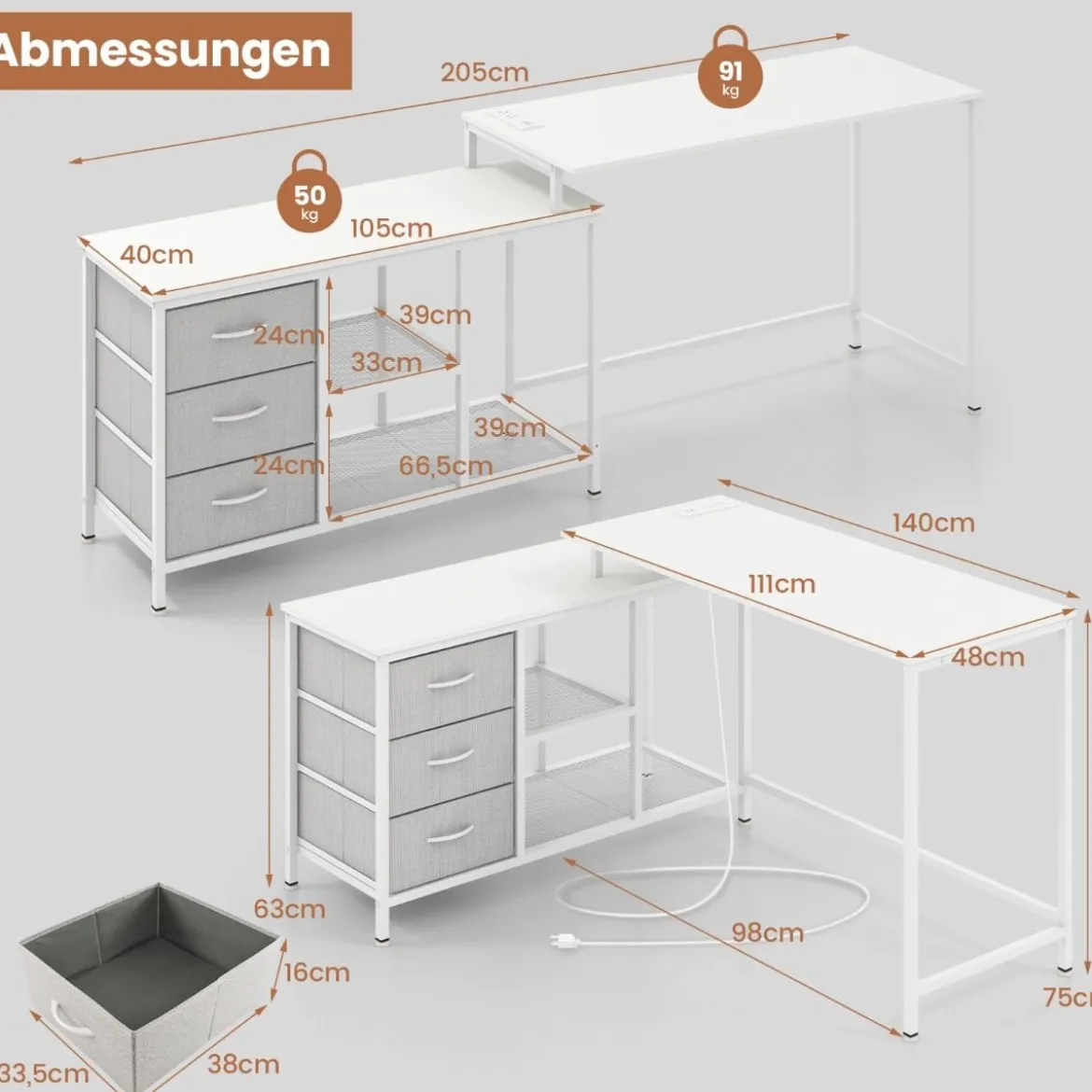 L-förmiger Computertisch mit Steckdose & 3 Stoffschubladen & Gitterablagen Eckschreibtisch Weiß