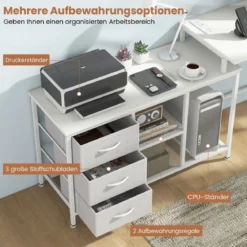 L-förmiger Computertisch mit Steckdose & 3 Stoffschubladen & Gitterablagen Eckschreibtisch Weiß