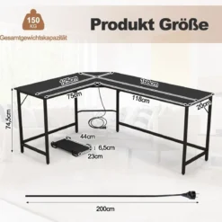 L-förmiger Computertisch mit Steckdose & CPU-Ständer & Robustem Metallrahmen Eckschreibtisch