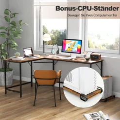 L-förmiger Computertisch mit Steckdose & CPU-Ständer & Robustem Metallrahmen Eckschreibtisch